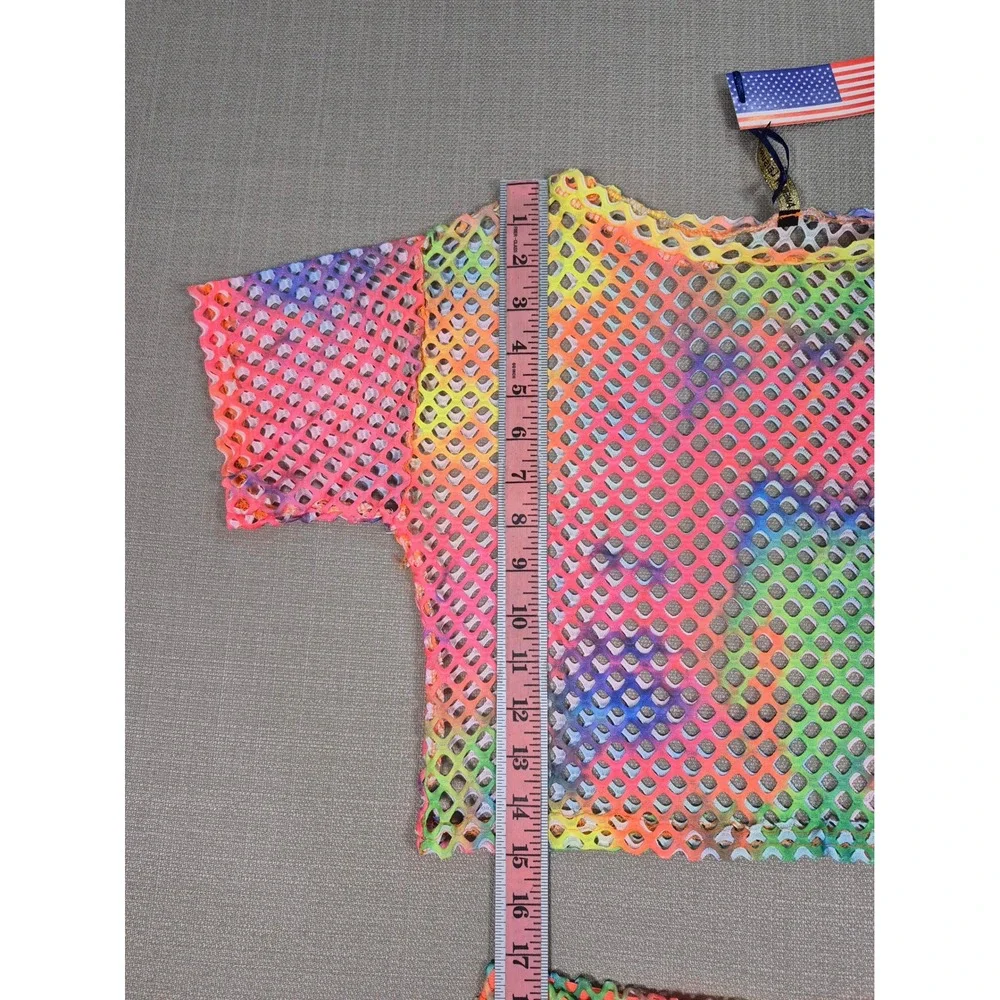 American Leisure Rainbow Tie Dye Mesh 2 Piece Set Crop Top Shorts XL New